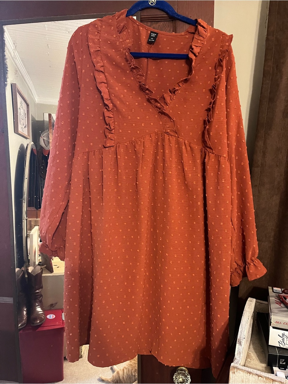 SHEIN Rust Ruffle Long-Sleeve Babydoll Dress